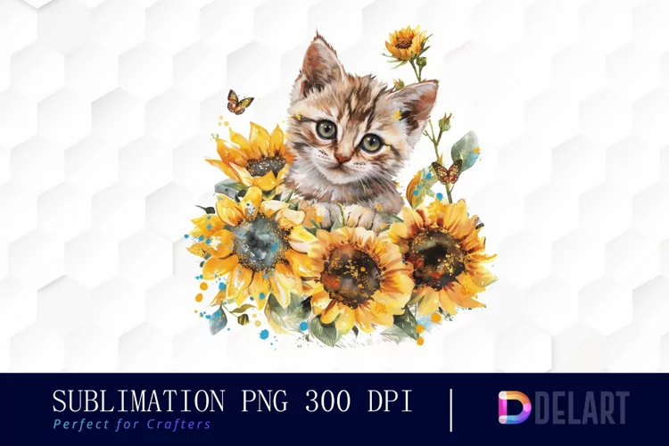 Kitten Sunflower Watercolor Clipart