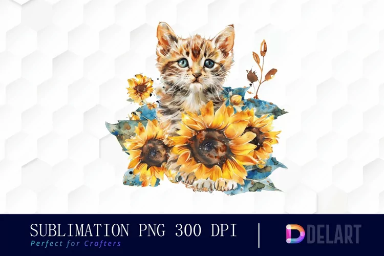 Kitten Sunflower Watercolor Clipart