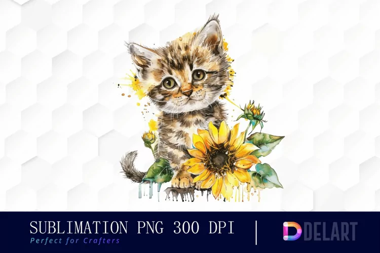 Kitten Sunflower Illustration Clipart