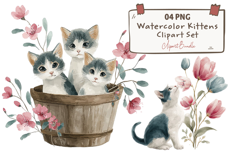 Watercolor Kittens Clipart Sublimation