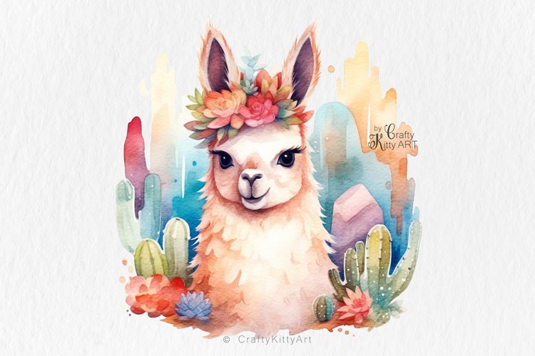 Cute Llama Alpaca and cactus flowers, Watercolor Sublimation example image 1