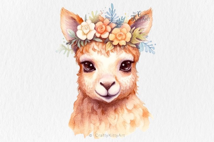 Baby Llama Alpaca with flower crown, Watercolor Sublimation example image 1