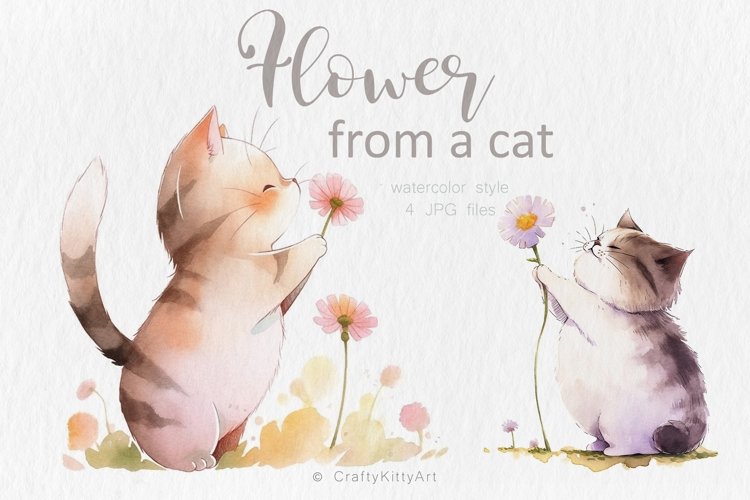 Cute Cats with flowers, Spring Floral Watercolor JPG clipart example image 1