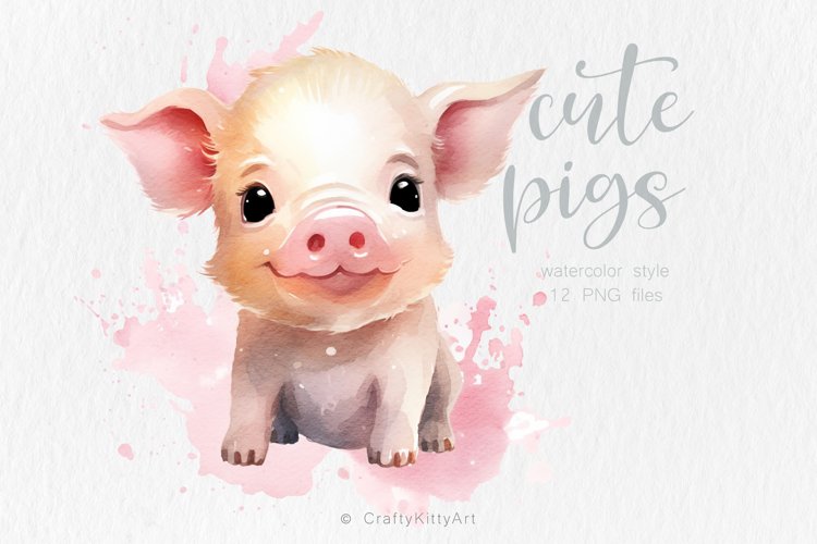 Pig Clipart, Cute Baby Animal PNG Watercolor Sublimations