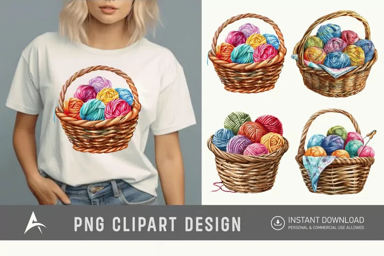 Watercolor Knitting Basket Clipart