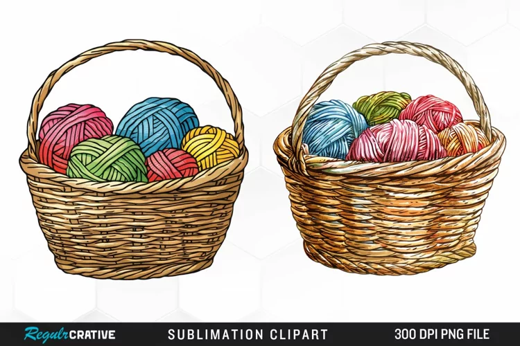 Watercolor Knitting Basket Illustration Clipart