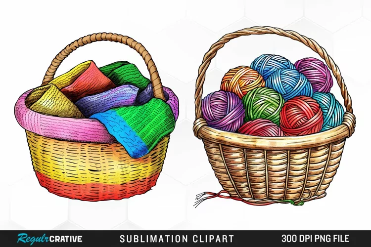 Watercolor Knitting Basket Illustration Clipart