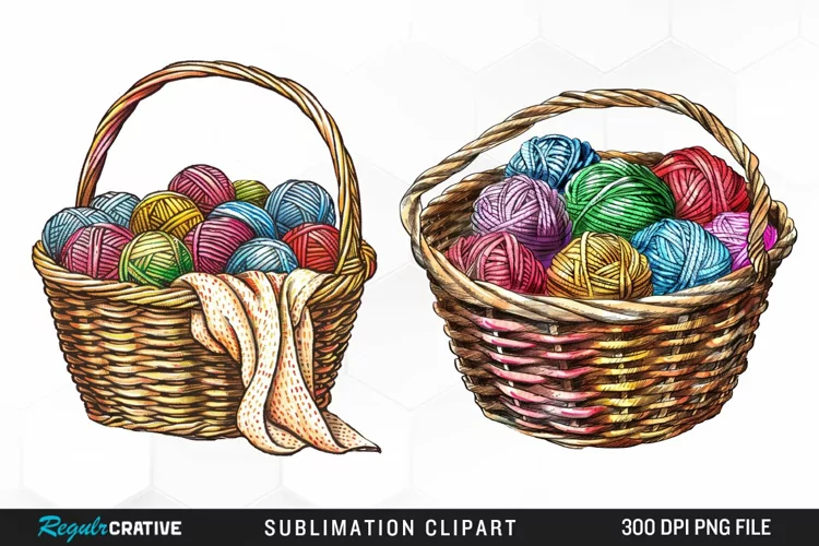 Watercolor Knitting Basket Illustration Clipart