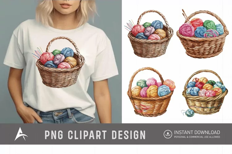 Watercolor Knitting Basket Clipart