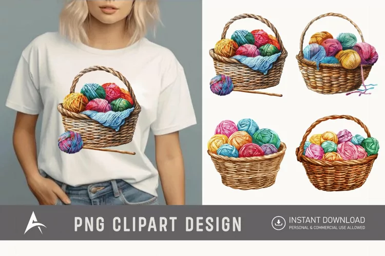 Watercolor Knitting Basket Clipart