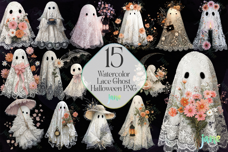 Watercolor Lace Ghost Halloween PNG Bundle