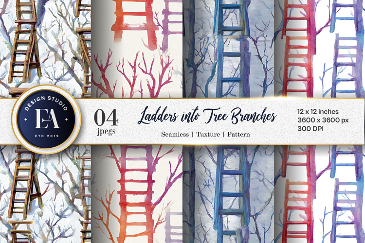 Watercolor Ladders into Tree Branches Surreal Digital Paper