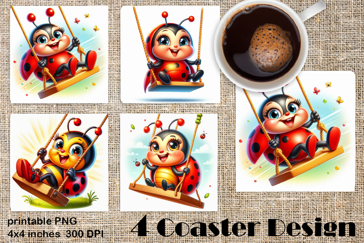 Watercolor Lady Bug Square Coaster PNG. Coaster Sublimation