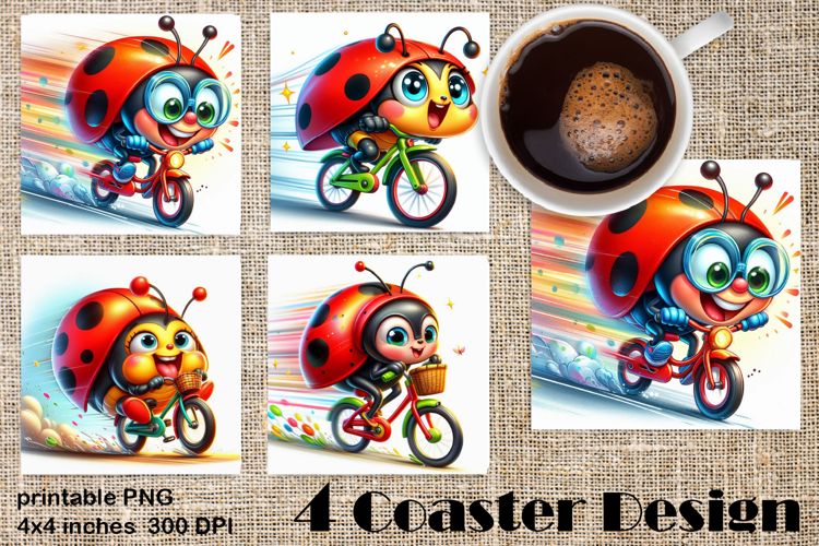 Watercolor Lady Bug Square Coaster PNG. Coaster Sublimation