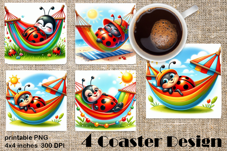 Watercolor Lady Bug Square Coaster PNG. Coaster Sublimation