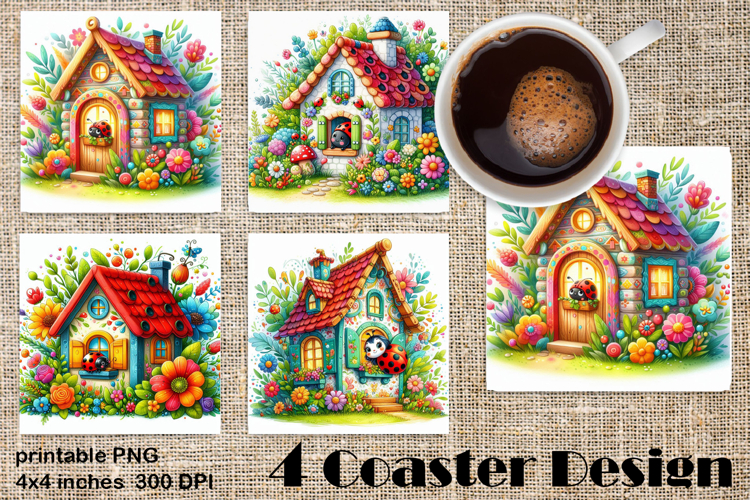 Watercolor Lady Bug Square Coaster PNG. Coaster Sublimation