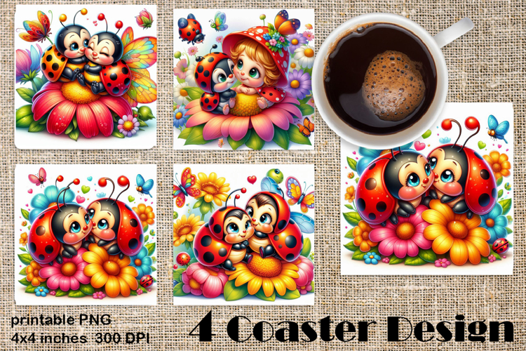 Watercolor Lady Bug Square Coaster PNG. Coaster Sublimation