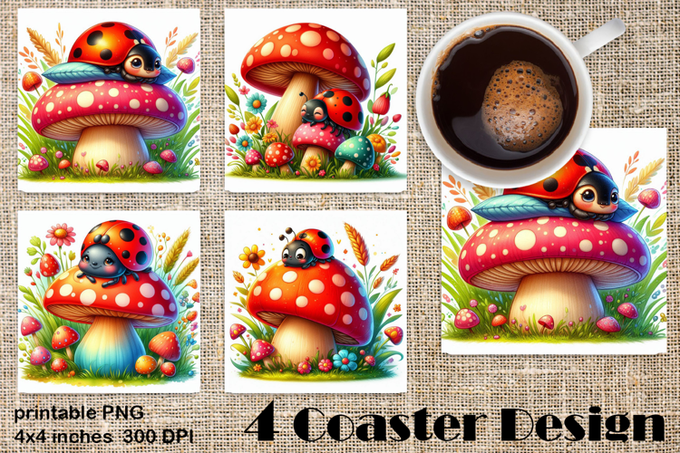 Watercolor Lady Bug Square Coaster PNG. Coaster Sublimation
