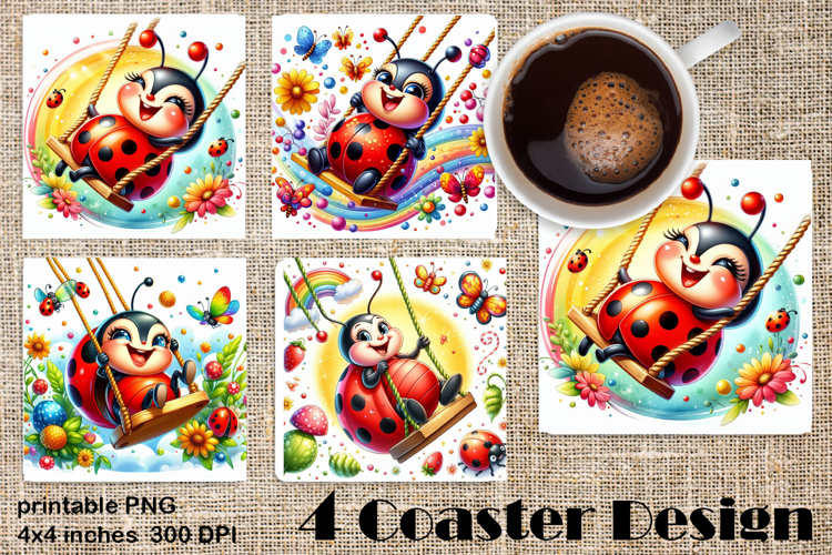 Watercolor Lady Bug Square Coaster PNG. Coaster Sublimation