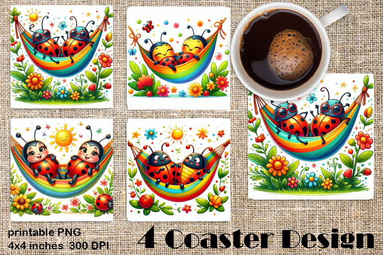 Watercolor Lady Bug Square Coaster PNG. Coaster Sublimation