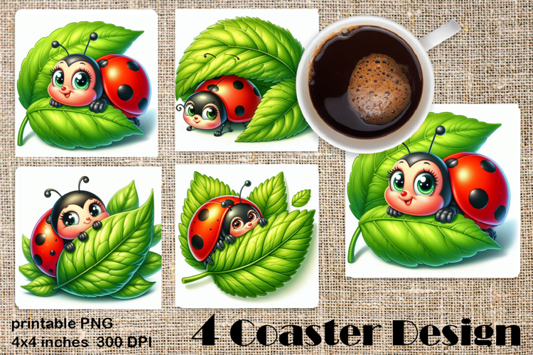 Watercolor Lady Bug Square Coaster PNG. Coaster Sublimation