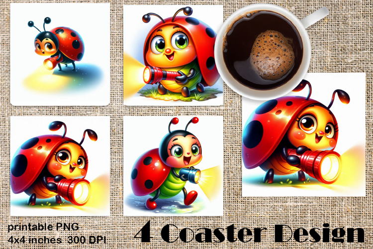Watercolor Lady Bug Square Coaster PNG. Coaster Sublimation