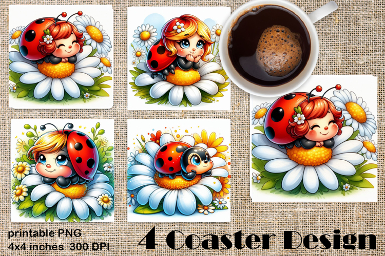 Watercolor Lady Bug Square Coaster PNG. Coaster Sublimation