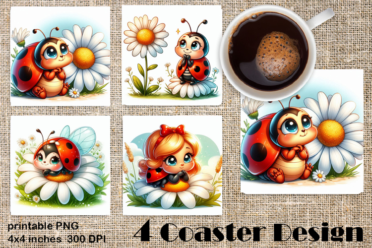 Watercolor Lady Bug Square Coaster PNG. Coaster Sublimation