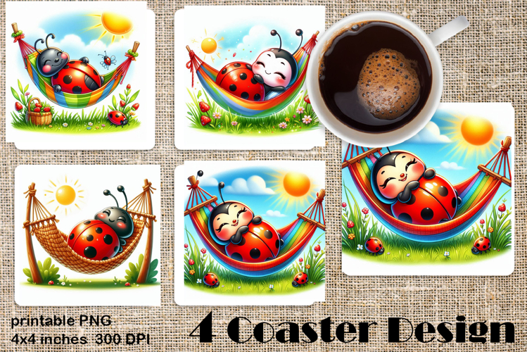 Watercolor Lady Bug Square Coaster PNG. Coaster Sublimation