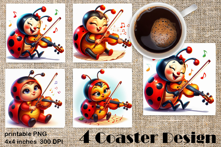 Watercolor Lady Bug Square Coaster PNG. Coaster Sublimation