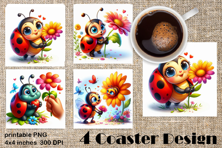 Watercolor Lady Bug Square Coaster PNG. Coaster Sublimation
