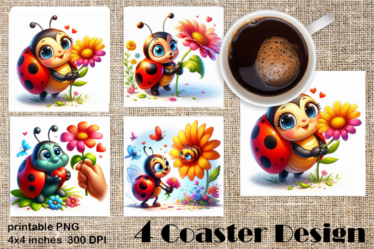 Watercolor Lady Bug Square Coaster PNG. Coaster Sublimation