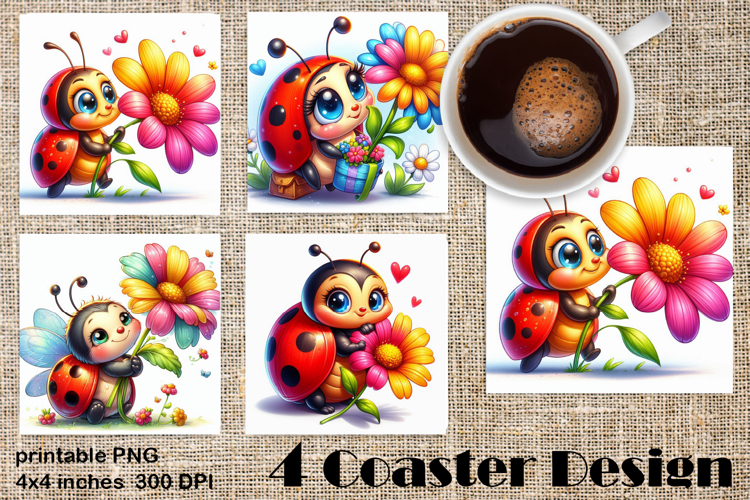 Watercolor Lady Bug Square Coaster PNG. Coaster Sublimation