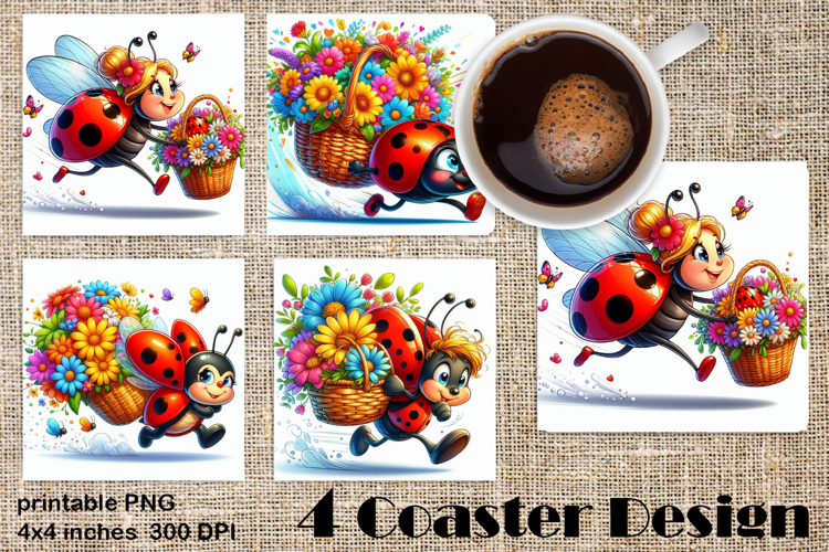 Watercolor Lady Bug Square Coaster PNG. Coaster Sublimation