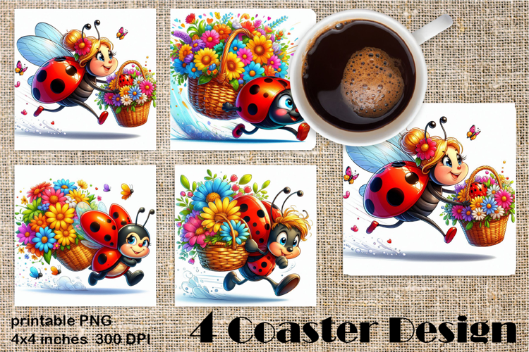 Watercolor Lady Bug Square Coaster PNG. Coaster Sublimation
