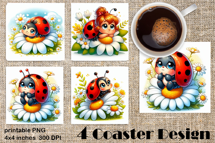 Watercolor Lady Bug Square Coaster PNG. Coaster Sublimation