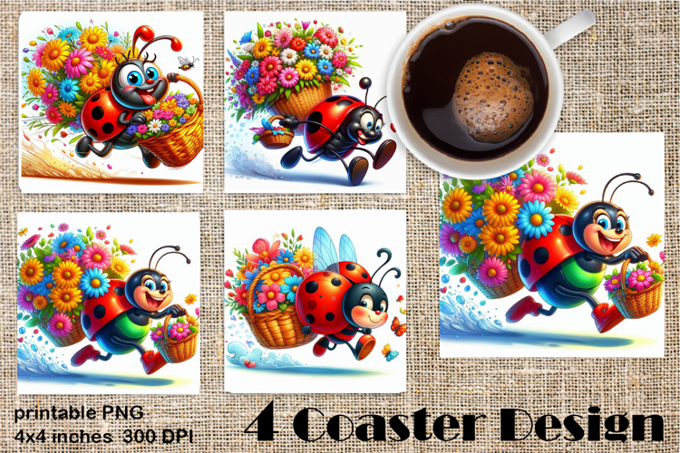 Watercolor Lady Bug Square Coaster PNG. Coaster Sublimation