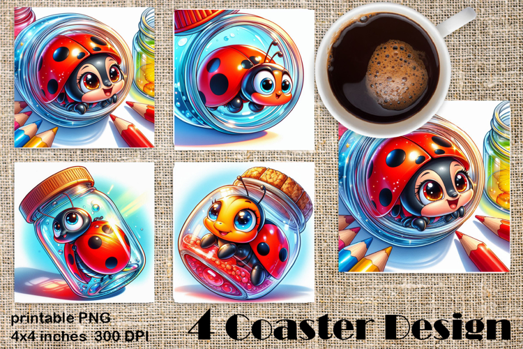 Watercolor Lady Bug Square Coaster PNG. Coaster Sublimation