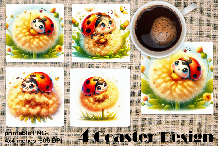 Watercolor Lady Bug Square Coaster PNG. Coaster Sublimation