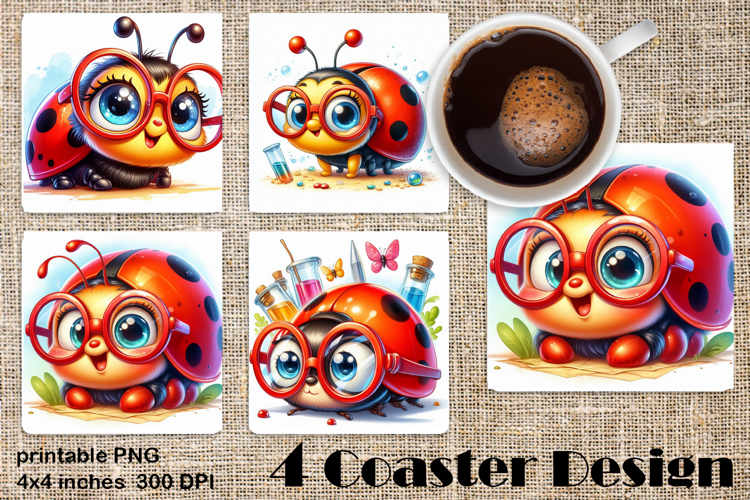 Watercolor Lady Bug Square Coaster PNG. Coaster Sublimation