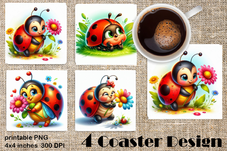 Watercolor Lady Bug Square Coaster PNG. Coaster Sublimation