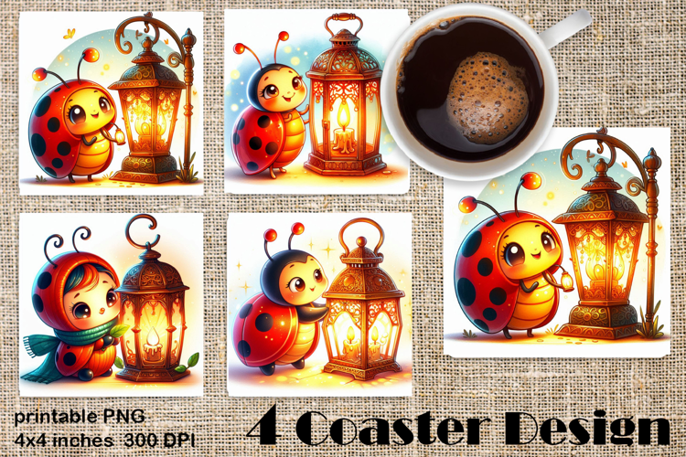Watercolor Lady Bug Square Coaster PNG. Coaster Sublimation