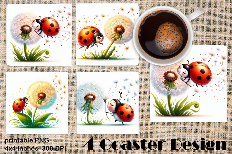 Watercolor Lady Bug Square Coaster PNG. Coaster Sublimation