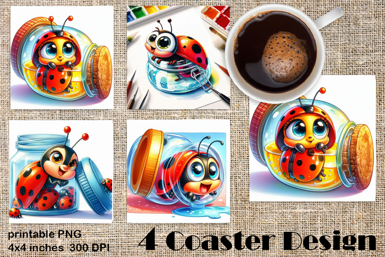Watercolor Lady Bug Square Coaster PNG. Coaster Sublimation