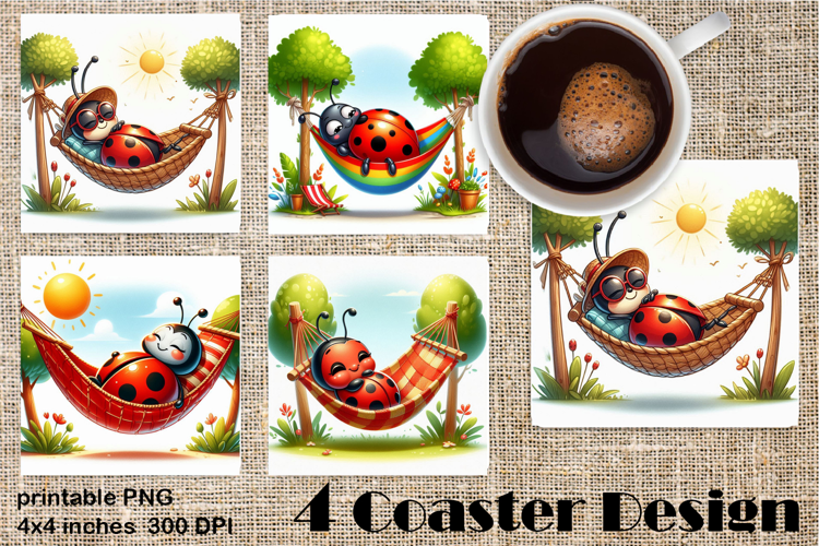 Watercolor Lady Bug Square Coaster PNG. Coaster Sublimation