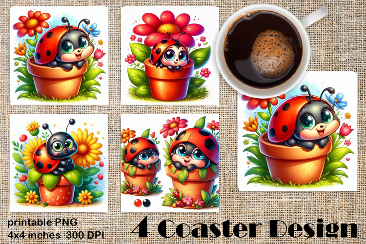 Watercolor Lady Bug Square Coaster PNG. Coaster Sublimation