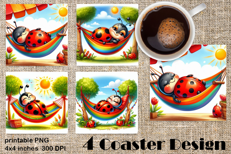 Watercolor Lady Bug Square Coaster PNG. Coaster Sublimation