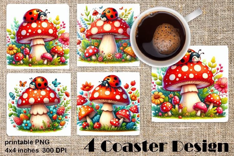 Watercolor Lady Bug Square Coaster PNG. Coaster Sublimation