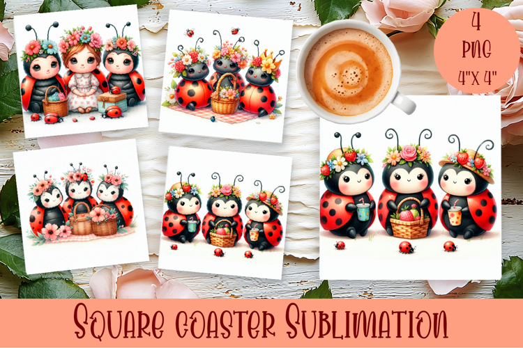 Watercolor Lady Bug Square Coaster PNG. Coaster Sublimation