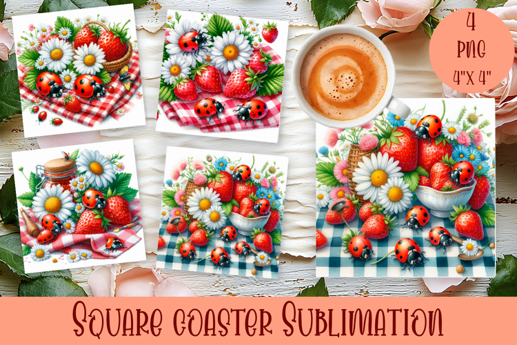 Watercolor Lady Bug Square Coaster PNG. Coaster Sublimation
